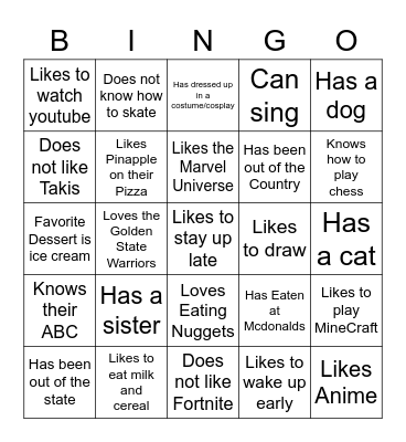 All About Me Bingo Card