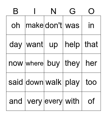 First Grade Sight Words Bingo Card