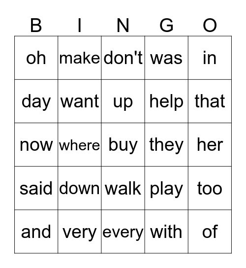 First Grade Sight Words Bingo Card
