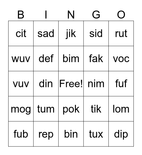 Non Sense words Bingo Card