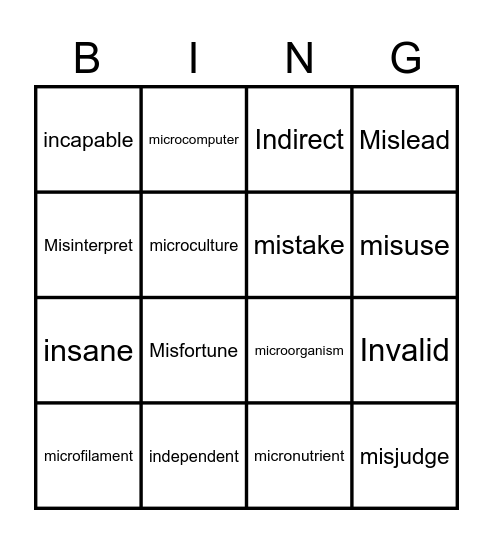 PREFIXES Bingo Card