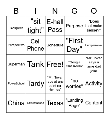 First Day! Bingo Card