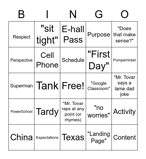 First Day! Bingo Card