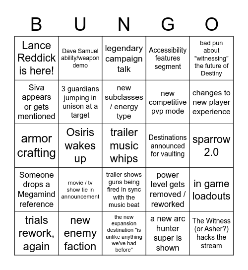 Bingo (that's short for Bungie Bingo) Bingo Card