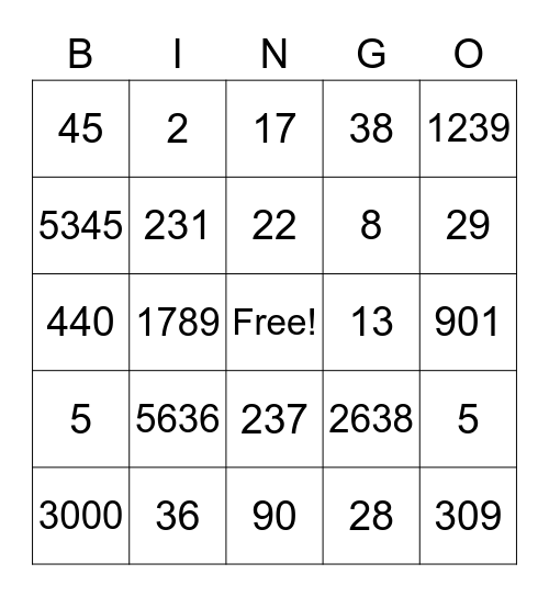 Numbers, 1-1,000 Bingo Card