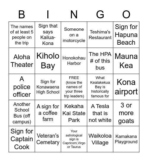 Kealakekua Trip Bingo Card