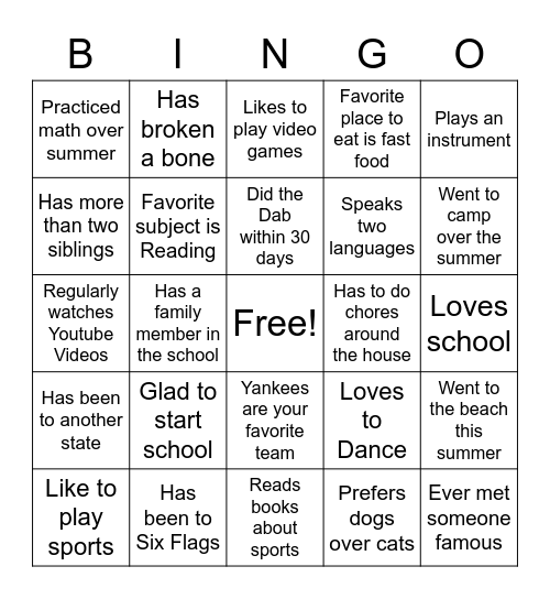 First Day of School Bingo Card