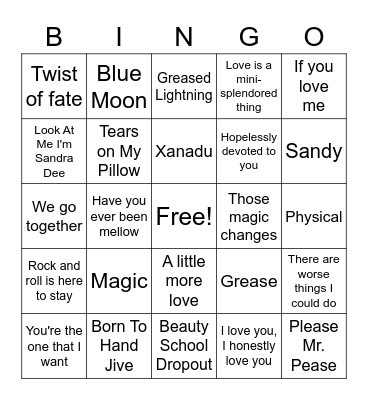 GREASE Bingo Card