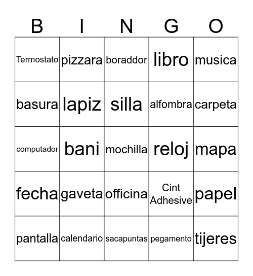Spanish  Bingo Card