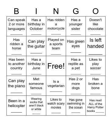 Human Scavenger Hunt Bingo Card