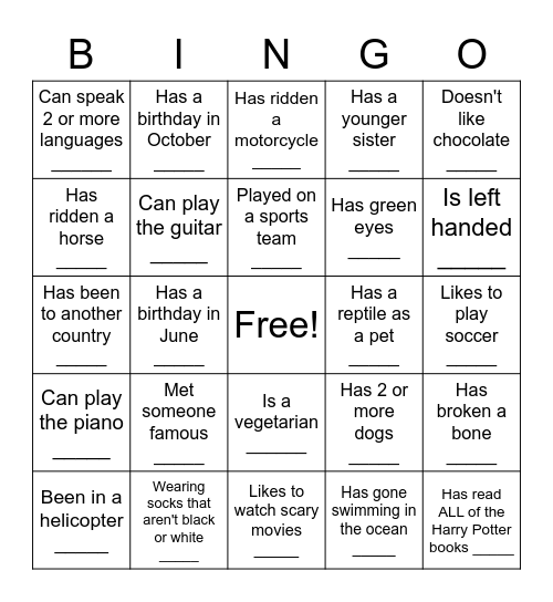 Human Scavenger Hunt Bingo Card