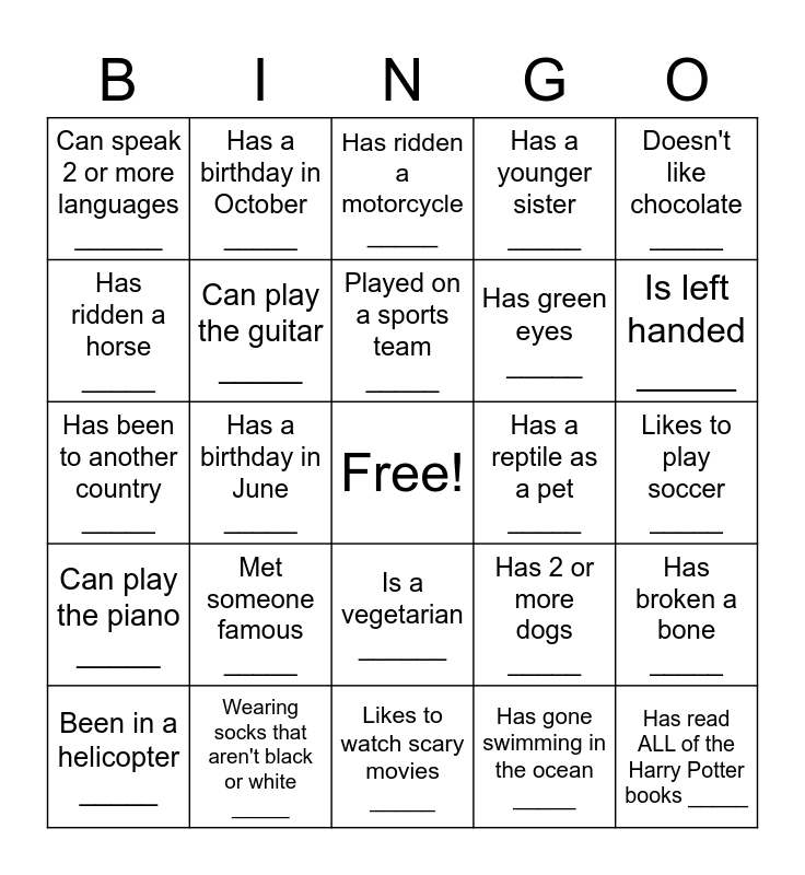 Human Scavenger Hunt Bingo Card