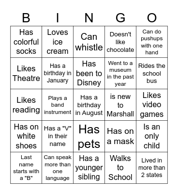 Middle School BINGO: Find someone who... Bingo Card