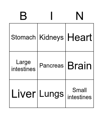 Organs Bingo Card
