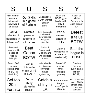 Nintendo Switch Battle 2.1 Bingo Card