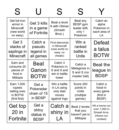 Nintendo Switch Battle 2.1 Bingo Card