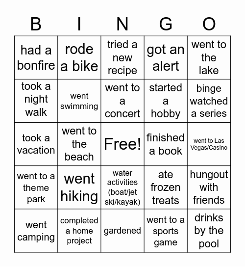 This Summer I... Bingo Card