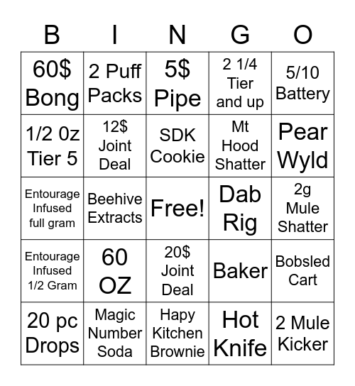 Budtender Bingo Card