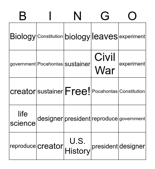 government & biology Bingo Card