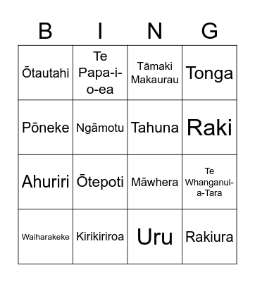 Place Names: Māori Bingo Card