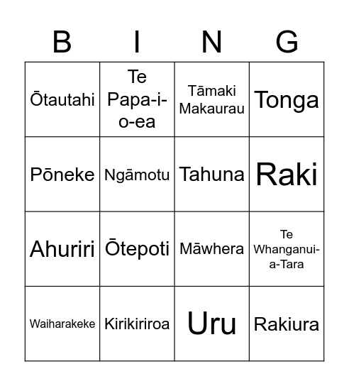 Place Names: Māori Bingo Card