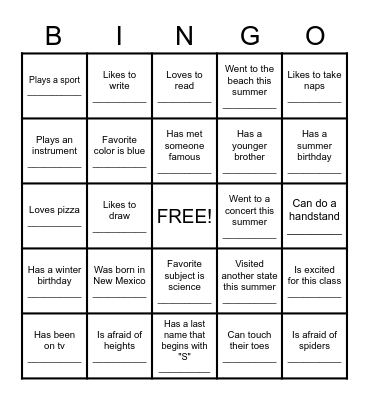 Getting to Know You Bingo Card