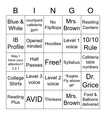 School Expectations Bingo Card