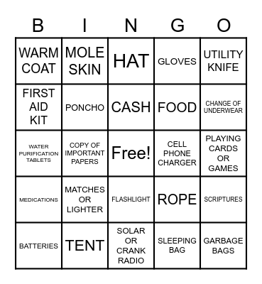 72 HOUR KIT BINGO Card