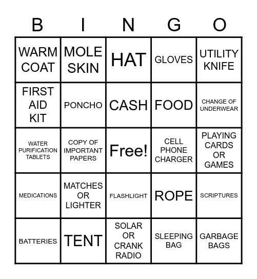 72 HOUR KIT BINGO Card