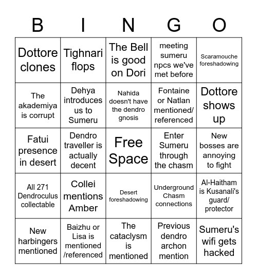 Genshin 3.0 Bingo! Bingo Card