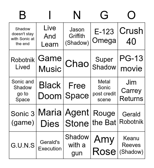 Sonic 3 Bingo Card