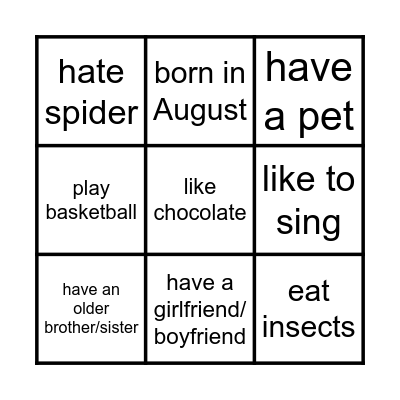 Classmate Bingo 2 Bingo Card