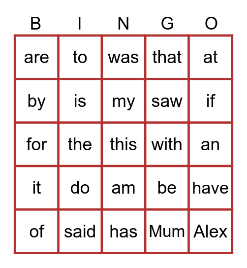 Hot Words Bingo Card