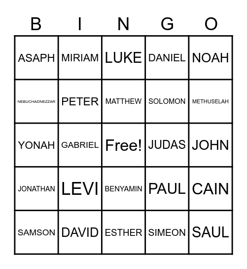 Bible Character Bingo Card