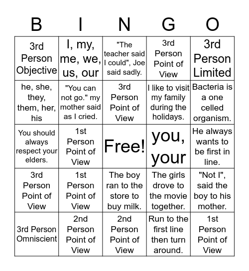 Narrative Perspective Bingo Card