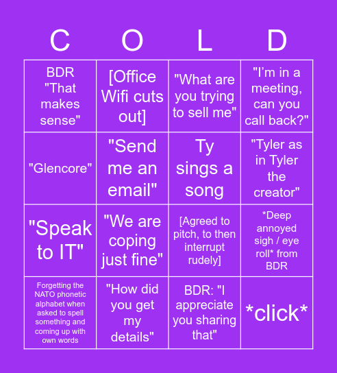 SEDNA Cold Call Bingo Card