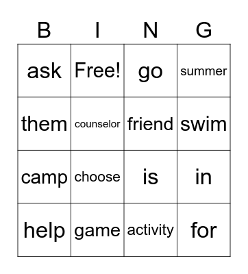 Summer Spelling 1 & Vocab Bingo Card