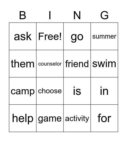 Summer Spelling 1 & Vocab Bingo Card