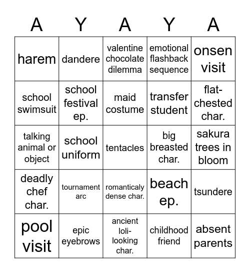 Anime Tropes Bingo Card