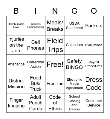 Food Service BINGO 2022 -2023 Bingo Card