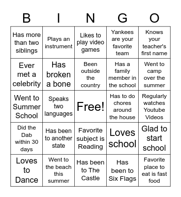 First Day of School Bingo Card