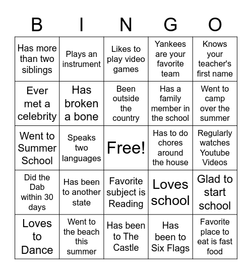 First Day of School Bingo Card