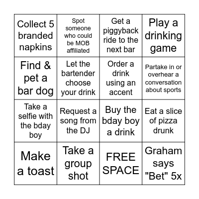 Graham's Birthday Bar Crawl Bingo Card