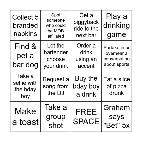 Graham's Birthday Bar Crawl Bingo Card