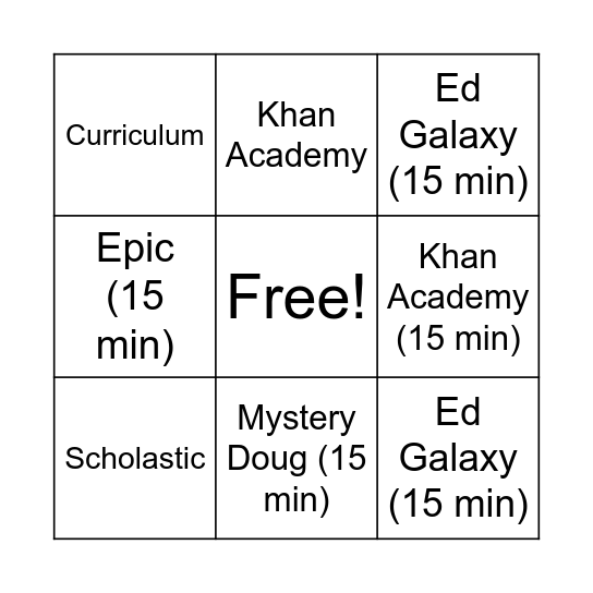 Aria's Homeschool BINGO Card