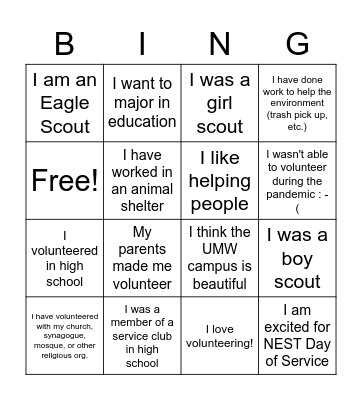 NEST Day of Service Bingo Card