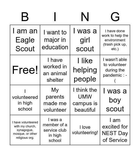 NEST Day of Service Bingo Card