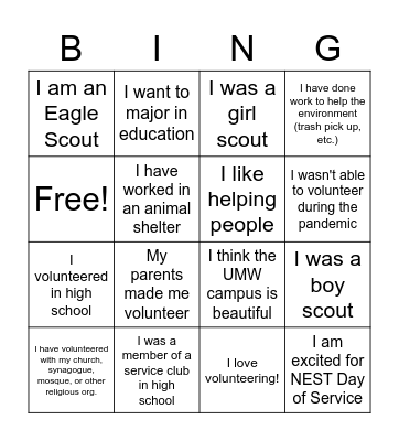 NEST Day of Service Bingo Card