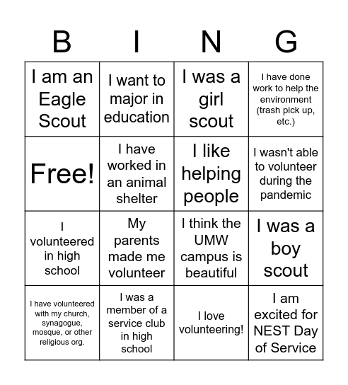 NEST Day of Service Bingo Card