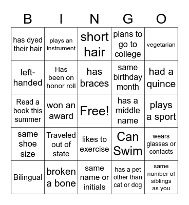 Get to know you BINGO Card